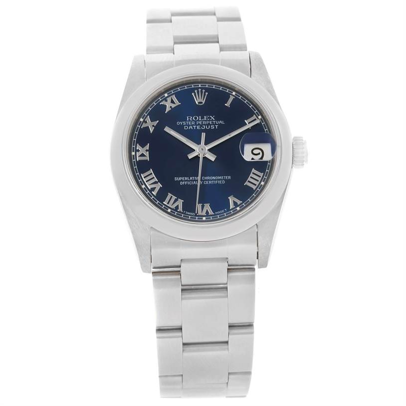 This image shows a front view of the Rolex Mid-Size 68240 Women's Stainless Steel Blue Dial 68240 Women's Stainless Steel Blue Dial Oyster Perpetual Datejust watch, featuring its dial, bezel, hands, and bracelet.