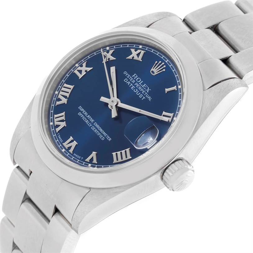 This Rolex Mid-Size 68240 Women's Stainless Steel Blue Dial 68240 Women's Stainless Steel Blue Dial Datejust watch is shown at an angle highlighting the dial, bezel, crown, and part of the bracelet.