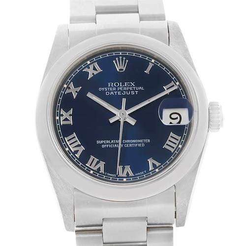 The image shows a front view of a Rolex Datejust Mid-Size model, displaying its dial, bezel, hands, and part of the bracelet.