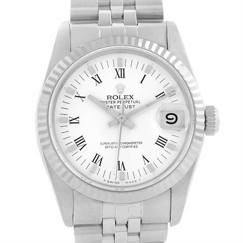 This image shows a front view of a Rolex Oyster Perpetual Datejust Mid-Size watch, displaying the dial, bezel, crown, and bracelet.