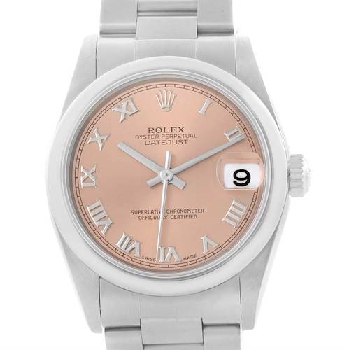 This image shows a front view of a Mid-Size Rolex Datejust watch, featuring a pink dial with Roman numerals and date display.
