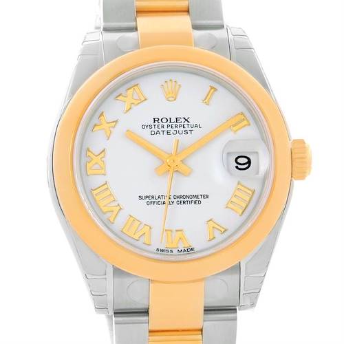This is a front view of a Rolex Datejust Mid-Size watch showing the dial, bezel, crown, and part of the bracelet.