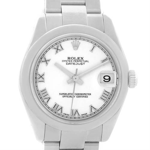 This Rolex Mid-Size 178240 Women's Stainless Steel White Dial 178240 Women's Stainless Steel White Dial Datejust watch is shown from a front angle, displaying its face, bezel, crown, and part of the bracelet.