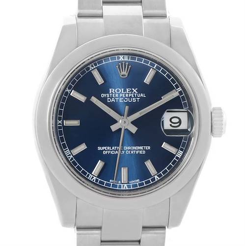 The image shows a frontal view of a Rolex Oyster Perpetual Datejust Mid-Size watch, featuring a blue dial and the date window.