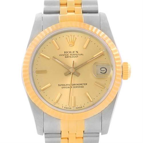 The image shows a front view of a Rolex Mid-Size 68273 Women's Steel and Gold (two tone) Champagne Dial 68273 Women's Steel and Gold (two tone) Champagne Dial Oyster Perpetual Datejust watch displaying the face, bezel, and part of the bracelet.