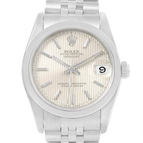 This image shows a Rolex Mid-Size 68240 Women's Stainless Steel Silver Dial 68240 Women's Stainless Steel Silver Dial Datejust from a front angle, highlighting the face, bracelet, dial, and date window.