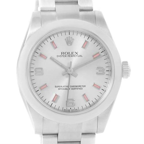 This image shows a front view of a Rolex Oyster Perpetual Mid-Size watch with its face, bezel, and part of the bracelet visible.