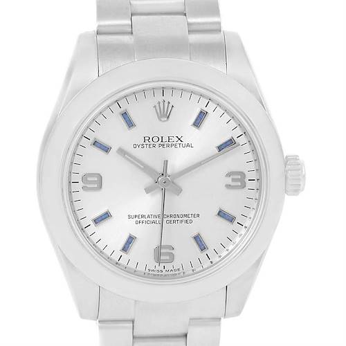 This image shows a front view of a Rolex Oyster Perpetual Mid-Size model watch, highlighting its dial, case, and bracelet.