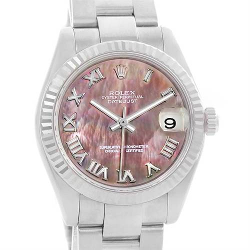 The image shows a front view of a Rolex Mid-Size 178274 Women's Stainless Steel Mother of Pearl Dial 178274 Women's Stainless Steel Mother of Pearl Dial Oyster Perpetual Datejust watch, displaying its dial, hands, date window, and bracelet.