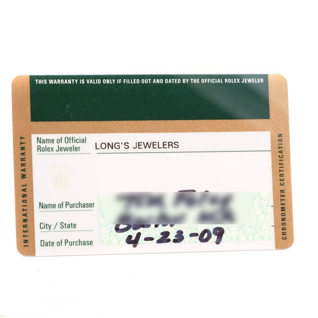 The image shows a warranty card for a Mid-Size model by Rolex from Long's Jewelers.