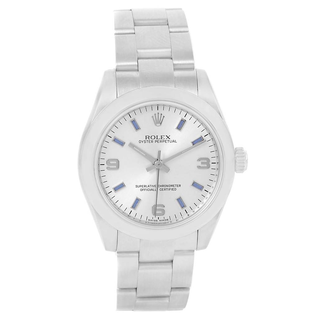 The image shows a front view of the Mid-Size Rolex Oyster Perpetual watch, displaying its face, bezel, and bracelet.