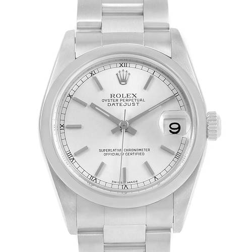 The image shows a frontal view of a Rolex Datejust Mid-Size watch, highlighting the dial, hands, date display, and bracelet.