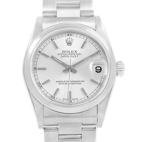 The image shows a front view of a Rolex Oyster Perpetual Datejust Mid-Size watch.