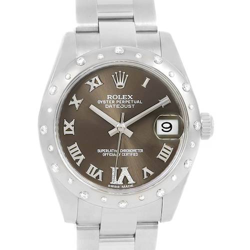 The image shows a front view of the Rolex Oyster Perpetual Datejust Mid-Size watch with a metal bracelet and date display.