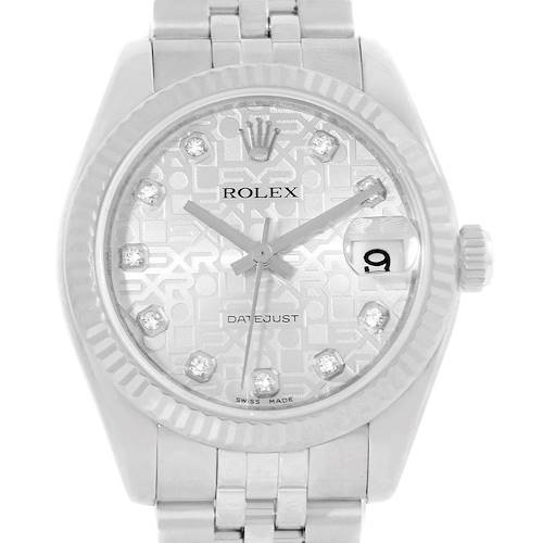 The image shows the front view of a Rolex Mid-Size 178274 Women's Stainless Steel Silver Dial 178274 Women's Stainless Steel Silver Dial Datejust watch, highlighting the dial, crown, and bracelet.