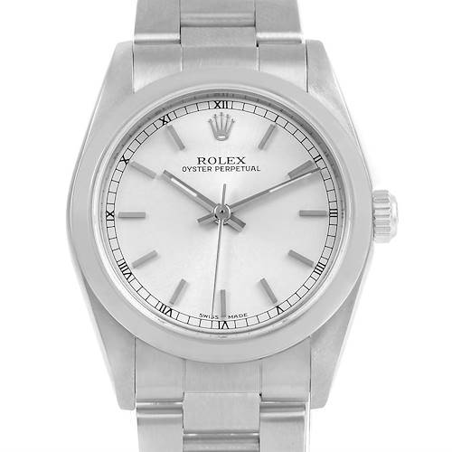 The image shows a front view of a Rolex Oyster Perpetual Mid-Size model watch face and part of the bracelet.