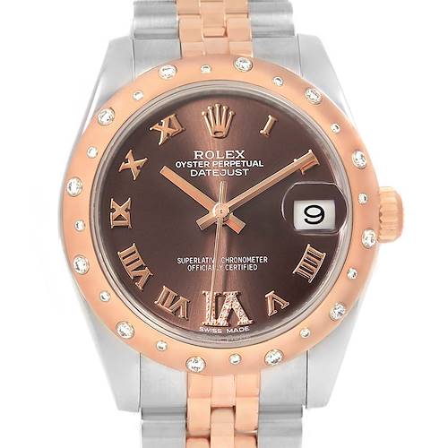 The image shows a front view of a Rolex Mid-Size 178341 Women's Steel and Gold (two tone) Brown Dial 178341 Women's Steel and Gold (two tone) Brown Dial Oyster Perpetual Datejust watch with a brown dial, rose gold bezel, and bracelet.