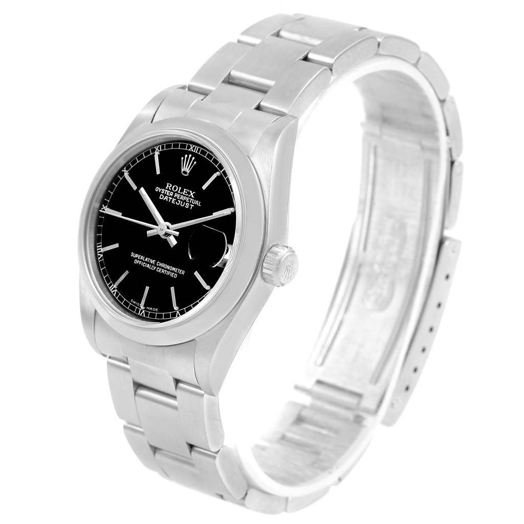 The Rolex Mid-Size 78240 Women's Stainless Steel Black Dial 78240 Women's Stainless Steel Black Dial Datejust watch is shown at a three-quarter angle, highlighting the face, bezel, and part of the bracelet.