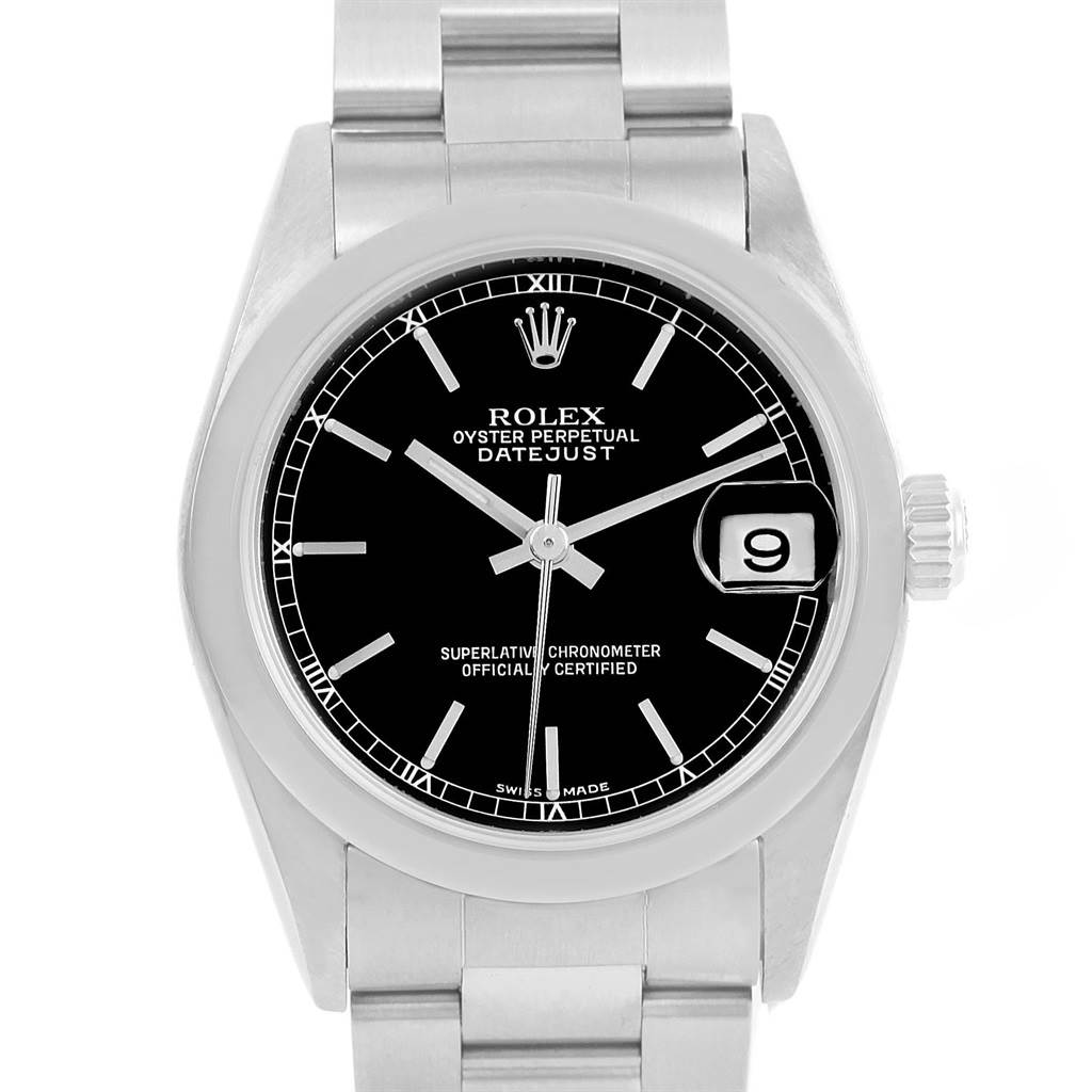 This image shows a front view of a Rolex Datejust Mid-Size watch, highlighting its dial, hands, bezel, crown, and bracelet.