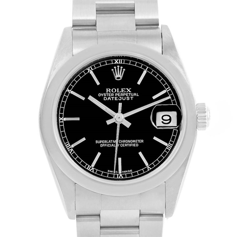 This image shows a front view of a Rolex Datejust Mid-Size watch, highlighting its dial, hands, bezel, crown, and bracelet.