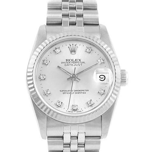 This image shows a frontal view of a Rolex Datejust Mid-Size watch with a silver dial and a Jubilee bracelet.