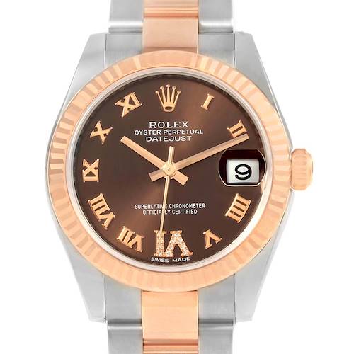 This image shows a front view of the Rolex Oyster Perpetual Datejust Mid-Size watch, highlighting the dial, bezel, and bracelet.