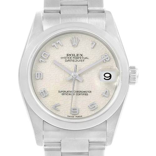The image shows a front-facing view of the Rolex Mid-Size 78240 Women's Stainless Steel Silver Dial 78240 Women's Stainless Steel Silver Dial Oyster Perpetual Datejust, highlighting the dial, hands, and bracelet.