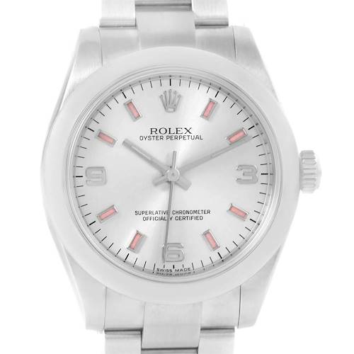 This image shows a front view of a Rolex Oyster Perpetual Mid-Size watch, highlighting its dial, markers, and bracelet.