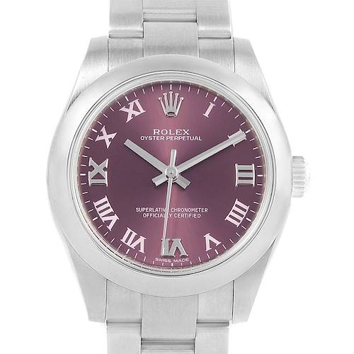 The image shows a frontal view of a Rolex Oyster Perpetual Mid-Size watch with a purple dial and Roman numerals.