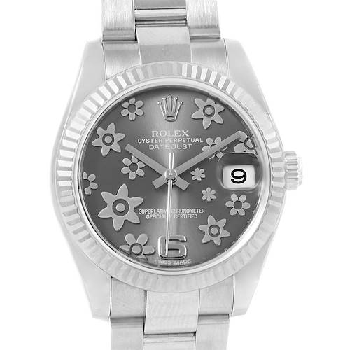 This image shows the face and bracelet of a Rolex Datejust Mid-Size watch with a floral dial and date display.