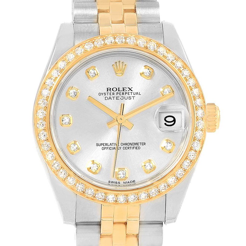 The image shows a frontal view of a Rolex Mid-Size 178383 Women's Steel and Gold (two tone) Silver Dial 178383 Women's Steel and Gold (two tone) Silver Dial Datejust watch, highlighting the dial, bezel, and part of the bracelet.