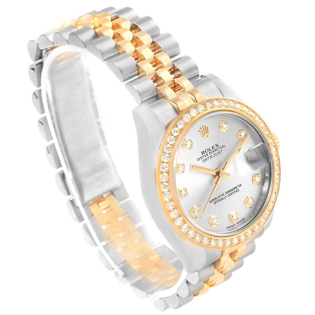The image shows a side and front angle of a Rolex Datejust Mid-Size watch, highlighting its gold and silver bracelet and diamond bezel.