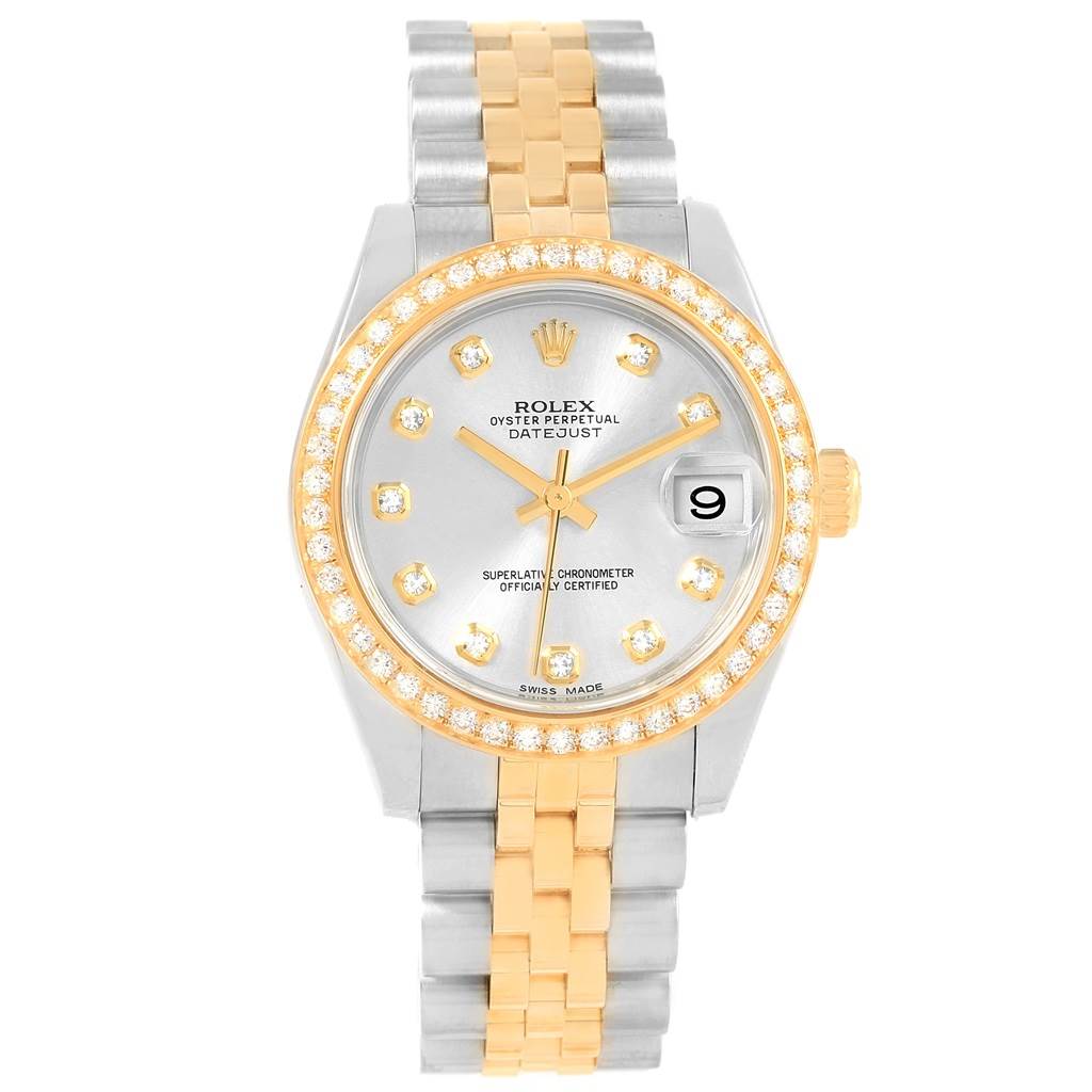 The Rolex Mid-Size 178383 Women's Steel and Gold (two tone) Silver Dial 178383 Women's Steel and Gold (two tone) Silver Dial Oyster Perpetual Datejust is shown in a front view, highlighting its dial, bezel, and bracelet.