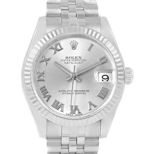 The image shows a front view of a Rolex Datejust Mid-Size watch, displaying its silver dial, Roman numerals, and date window.