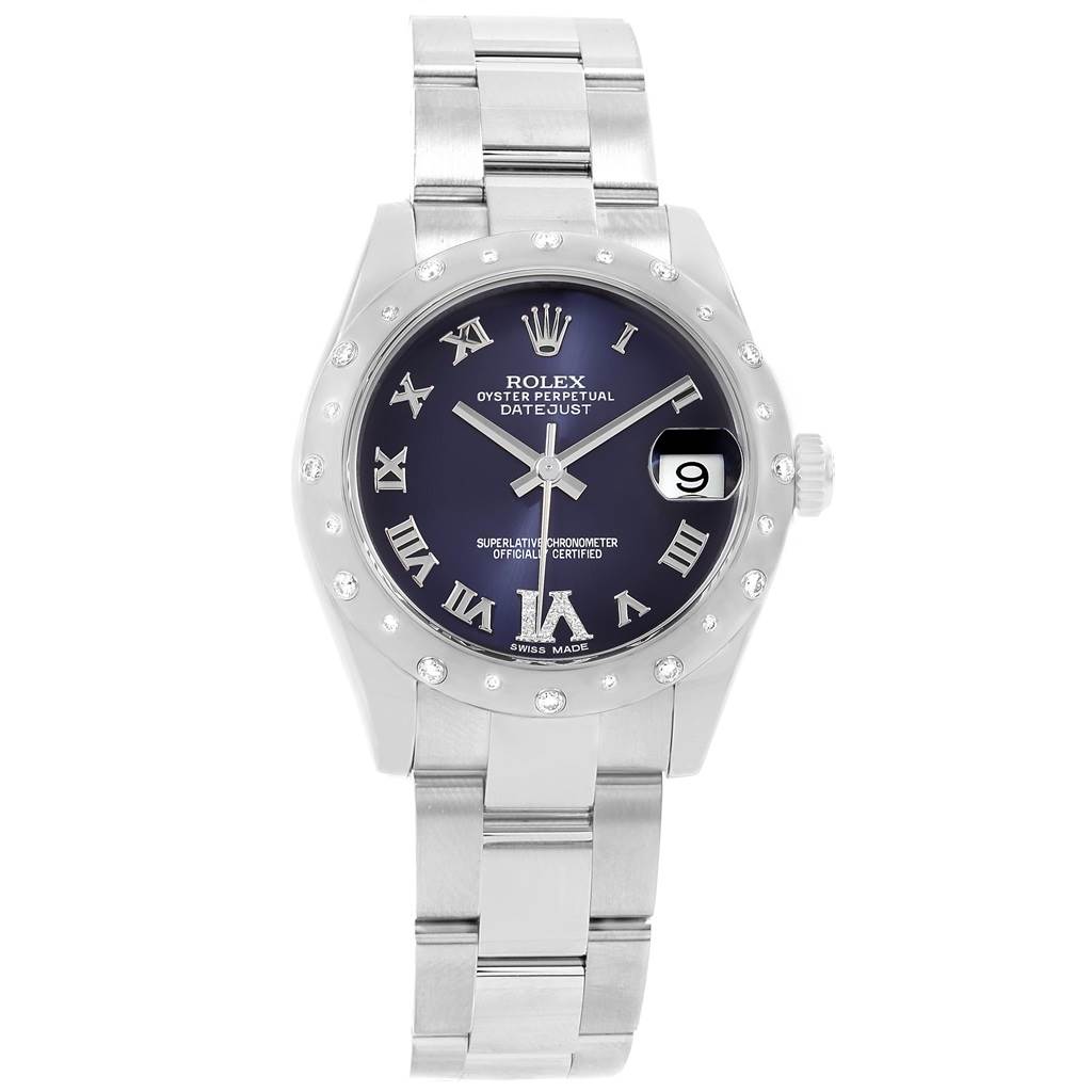 This image displays a front view of the Rolex Oyster Perpetual Datejust Mid-Size watch, showing its face, bezel, and bracelet.