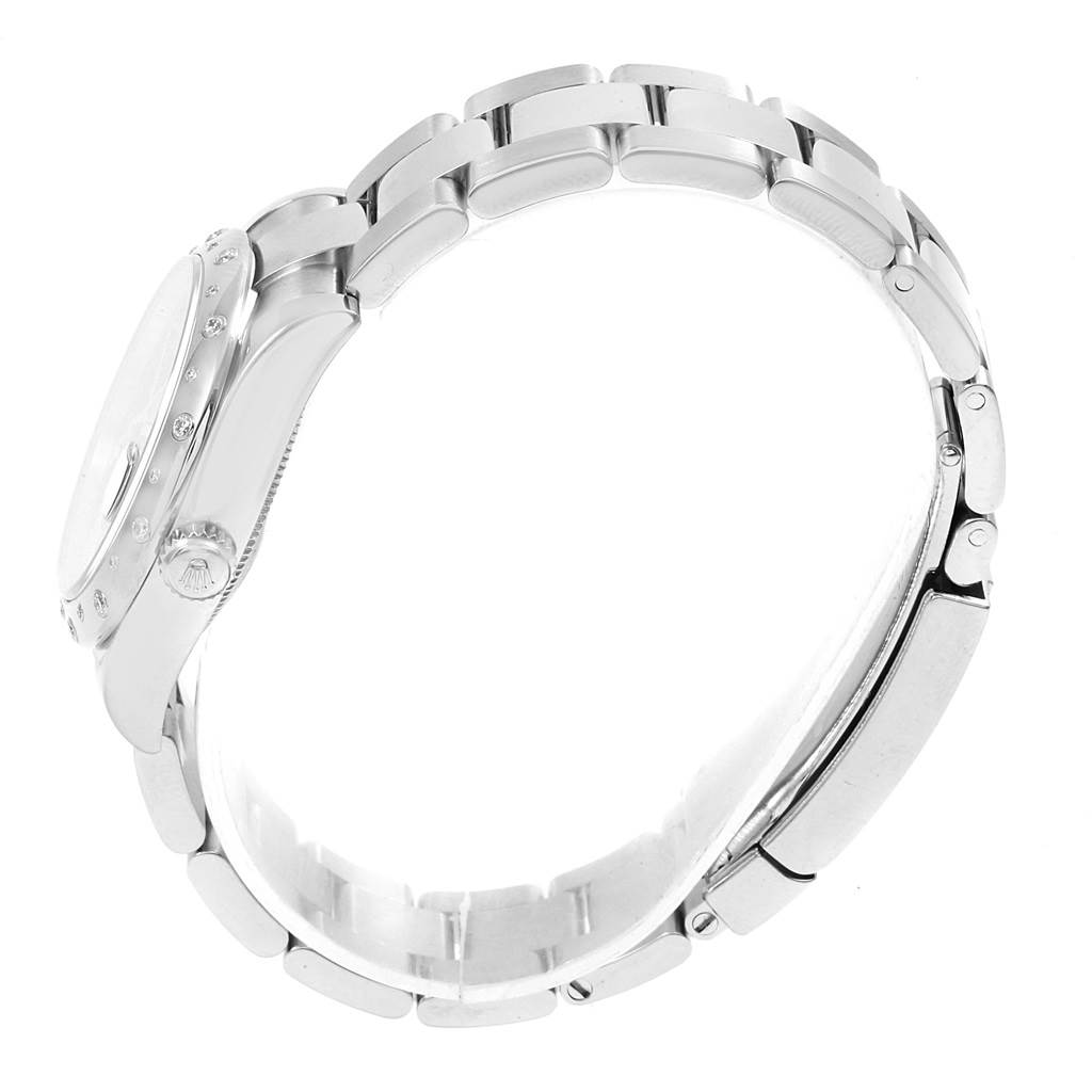 This image shows a side view of a Rolex Mid-Size 178344 Women's Stainless Steel Purple Dial 178344 Women's Stainless Steel Purple Dial model watch, highlighting its bracelet, clasp, and part of the case.