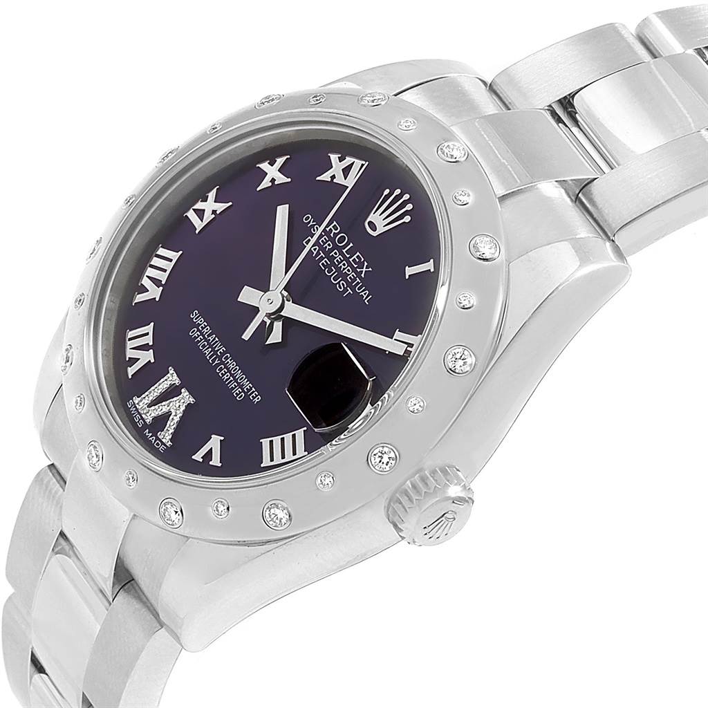 The image shows a Rolex Mid-Size 178344 Women's Stainless Steel Purple Dial 178344 Women's Stainless Steel Purple Dial Datejust watch at a three-quarter angle, highlighting the dial, bezel, and bracelet.