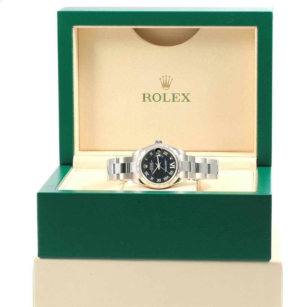 The Rolex Mid-Size 178344 Women's Stainless Steel Purple Dial 178344 Women's Stainless Steel Purple Dial model watch is shown from the front, displayed in its green and beige Rolex box.
