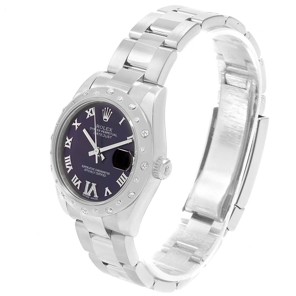 The image shows a mid-size Rolex Oyster Perpetual Datejust angled to display its face and bracelet.