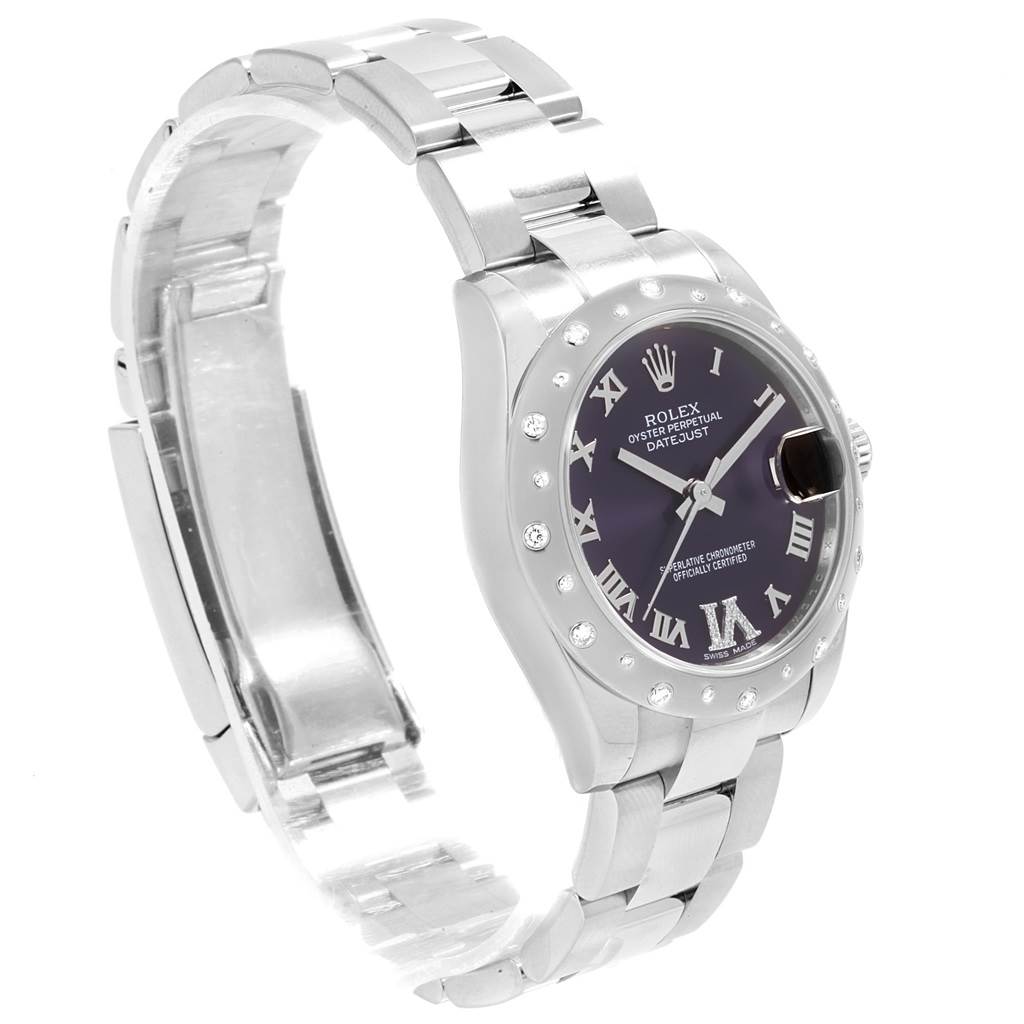 The Rolex Mid-Size 178344 Women's Stainless Steel Purple Dial 178344 Women's Stainless Steel Purple Dial model watch is shown at an angle displaying its face, bracelet, and clasp.