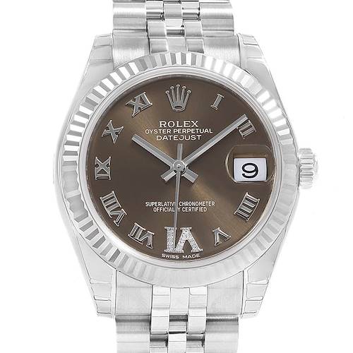 The image shows a front view of a Rolex Mid-Size 178274 Women's Stainless Steel Brown Dial 178274 Women's Stainless Steel Brown Dial Oyster Perpetual Datejust watch, highlighting its dial, bezel, and bracelet.