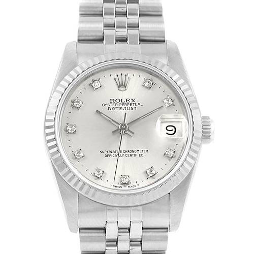 The image shows a front view of a Rolex Oyster Perpetual Datejust Mid-Size watch with a silver dial and bracelet.