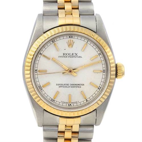 The image shows a front view of a Rolex Oyster Perpetual Mid-Size watch, highlighting the dial, bezel, and bracelet.