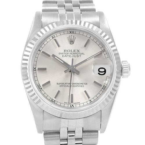 The image shows a front view of the Rolex Datejust Mid-Size watch, highlighting its dial, fluted bezel, and oyster bracelet.