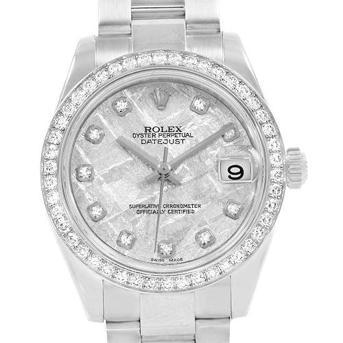 The image shows a front view of a Rolex Datejust Mid-Size watch, displaying the dial, bezel, and part of the strap.