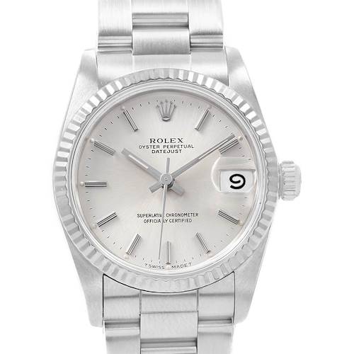 This image shows a front view of the Rolex Oyster Perpetual Datejust Mid-Size watch, highlighting the dial, bezel, and bracelet.