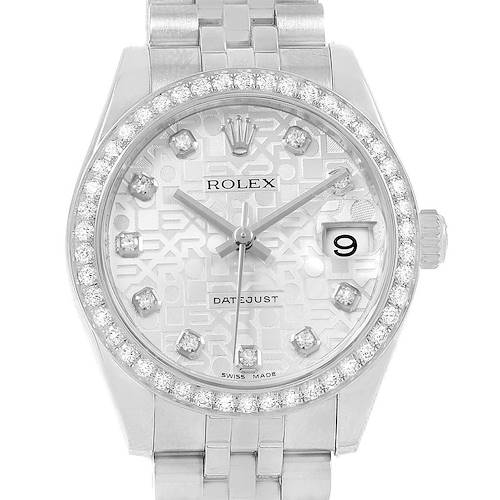 This image shows a front angle of a Mid-Size Rolex watch, highlighting the face, bezel, and part of the bracelet.