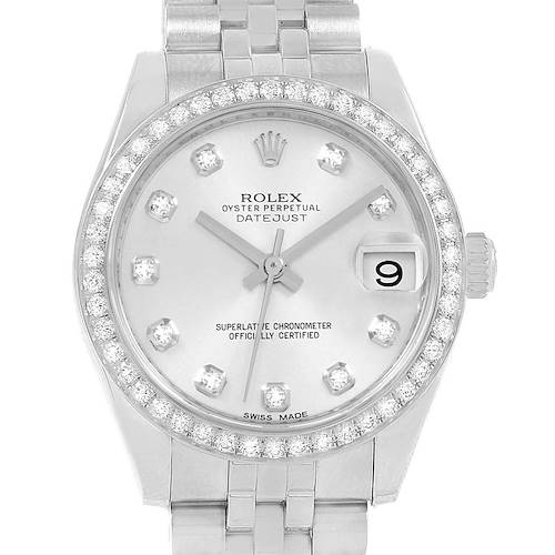 The image shows a frontal view of a Rolex Datejust Mid-Size with a diamond bezel, silver dial, and date window at 3 o'clock.