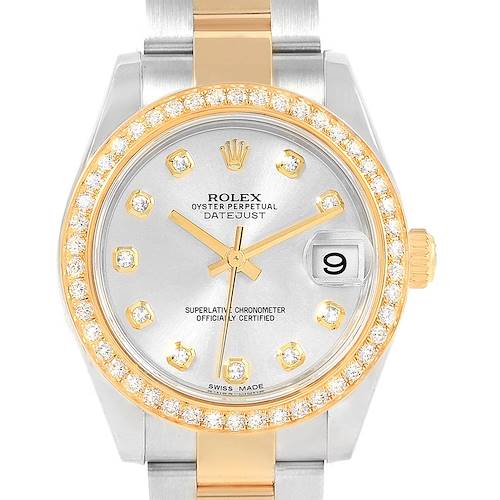 The image shows a front view of the Rolex Mid-Size 178383 Women's Steel and Gold (two tone) Silver Dial 178383 Women's Steel and Gold (two tone) Silver Dial Oyster Perpetual Datejust watch, displaying the face, bezel, and part of the bracelet.
