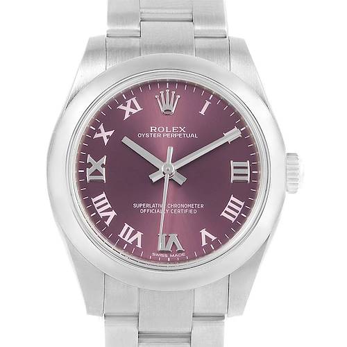 The image shows a front view of a Rolex Oyster Perpetual Mid-Size watch, highlighting the dial, hands, and bracelet.